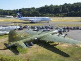 MOF_001 - the old and the new - a B17 stands on the lawn in front of the Museum and a Boeing 787 taxis past